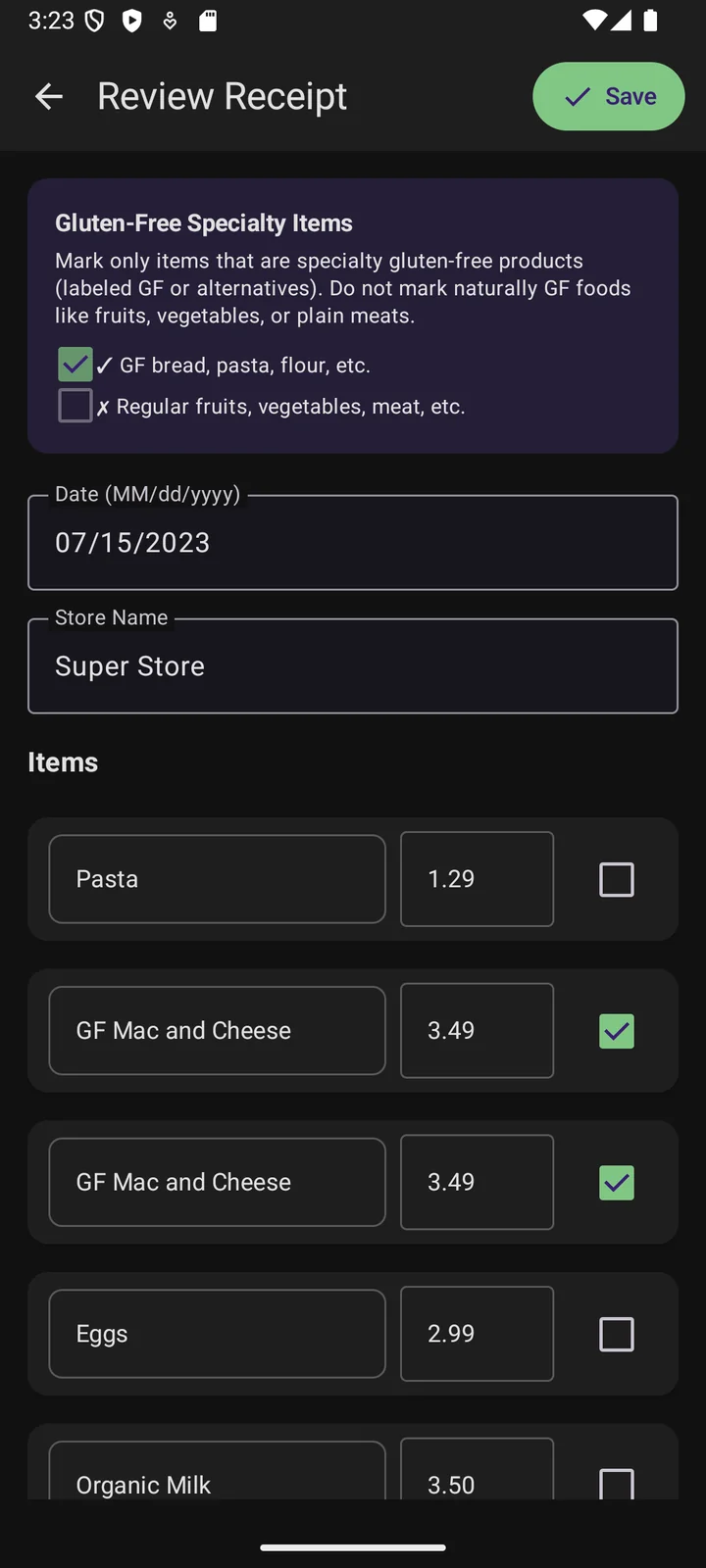 Celiac Saver — receipt capture